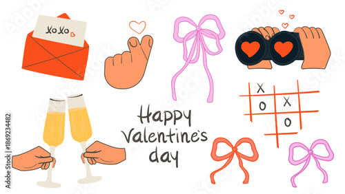 Cute set of stickers for Valentines day. Hands holding wine glasses, binoculars, finger heart, envelope, bow ,Tic-Tac-Toe. Hand drawn vector illustration.