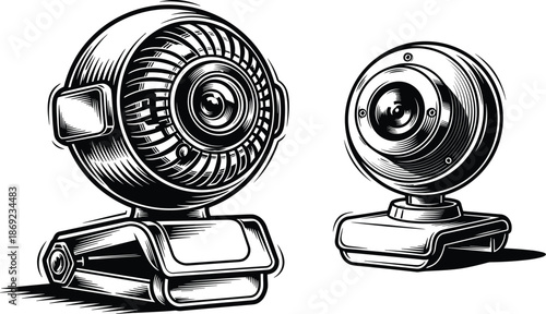Retro webcam camera vector illustration, vintage video streaming device with detailed lens and housing, black and white engraving style technology line art for digital communication concepts