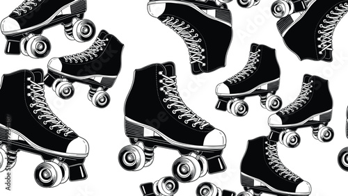 Retro roller skate boots seamless pattern illustration, classic quad skates design, vintage monochrome vector artwork for skating, sports fashion, textile, wallpaper backgrounds