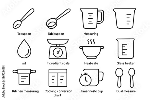 Measurement icons bowl pin cooking vector beaker measuring cup ingredient timer next