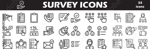 survey icon set, feedback symbols, data collection, black line survey icons, checklist and chart icons, speech bubble,  user response icons, opinion poll icons, document and mail icons,  black white 