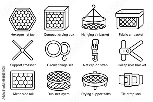 Hexagon mesh bracket dual net drying strap organizer crossbar vector icon support