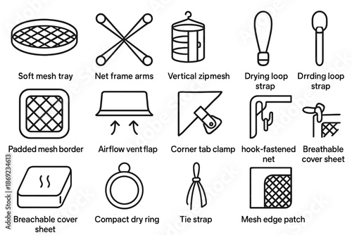 Breathable net flap mesh drying corner icon zip vertical vector tie compact