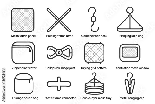 Metal net mesh drying panel collapsible hanging zippered foldable window vector icon