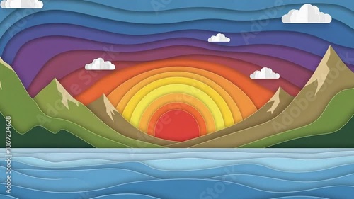 Vibrant sunset over colorful mountains and tranquil lake with rainbow sky and glowing horizon.