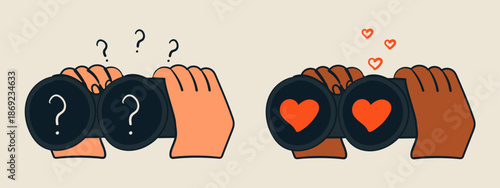 Searching, looking for opportunities, love concept. Hand drawn hands holding binoculars. Doodle vector illustration.