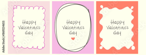 Сute Valentine’s Day greeting cards set with doodle childish frame. Hand drawn poster. Cartoon isolated vector illustration