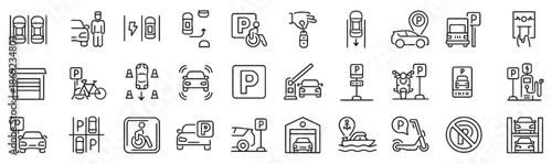 Set of Parking Icons in Line Style Collection of Car Motorcycle Electric Vehicle Barrier Sign Location Payment and Other Parking Related Objects