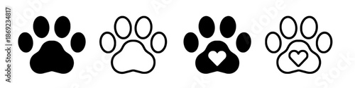 Set of Paw Prints With and Without Heart Isolated on White Background