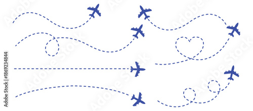 Airplane route with dotted flight path. Flying plane symbol with twisted, curved, straight and heart shape dashed trace path. Transparent png and vector illustration.