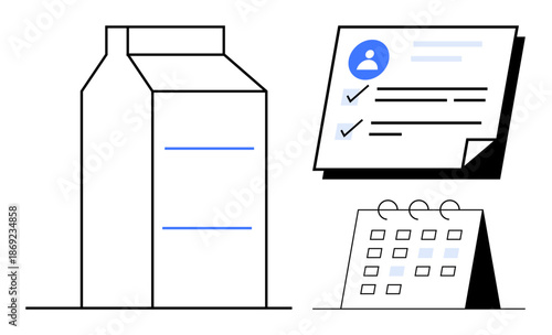 Carton box with labeled lines, checklist with completed tasks, and calendar. Ideal for planning, schedule management, logistics, task prioritization, supply chain, productivity simple flat metaphor