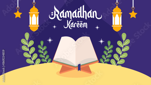 Ramadan Kareem Vector Illustration with Holy Quran, Lanterns and Islamic Ornaments