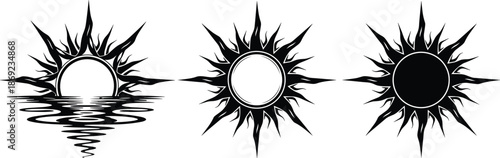 Sun symbol vector illustration set, abstract tribal sun icons with water reflection and eclipse variations, black and white mystical celestial design artwork