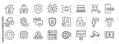 Set of Password and Security Icons with Elements Like Lock Shield Key Surveillance Camera and Others