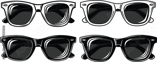 Sunglasses vector illustration set, classic and modern eyewear frames with dark lenses, black and white stylish fashion accessory design