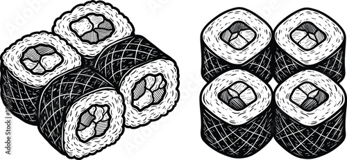 Sushi rolls vector illustration, Japanese maki sushi and nori rolls set, black and white hand drawn food design, traditional cuisine artwork