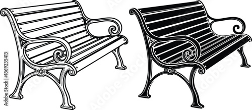 Vintage park bench vector illustration, classic outdoor street furniture design with ornamental metal frame and wooden slats, black and white line art for urban landscape projects