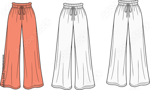 Cad drawing flat vector illustration, wide-leg pants template, fashion sketch, relaxed fit trousers, apparel design, garment mockup, clothing outline