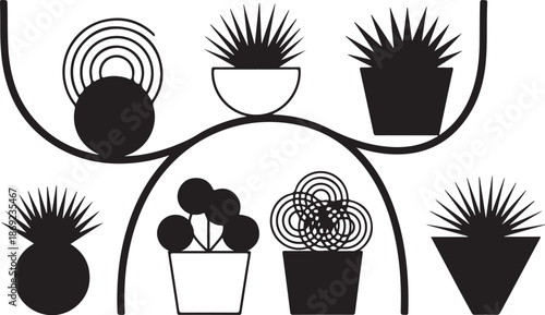 Black and white illustration of potted plants and spheres