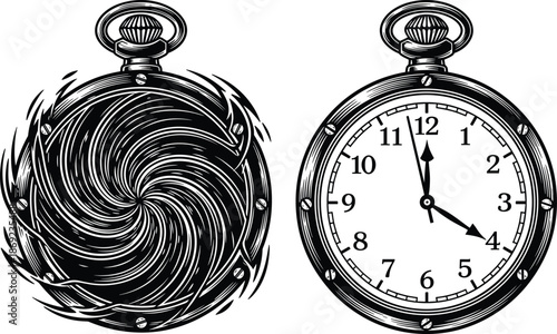 Vintage pocket watch illustration with hypnotic spiral motion, antique clock face detail, monochrome vector artwork for time concept, surreal design themes