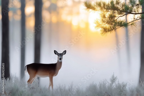 a deer in the misty forest at sunrise, with tall trees and a golden sky