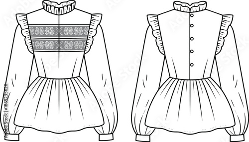 Cad drawing flat vector illustration, women’s blouse front and back view, fashion technical sketch, embroidered panel, peplum waist design