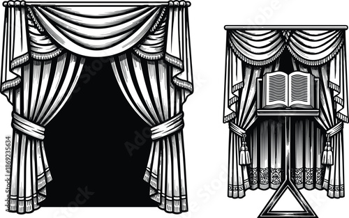 Vintage theater stage curtains with lectern podium and open book, ornate classic drapery backdrop, monochrome vector illustration for performance, speech, presentation design