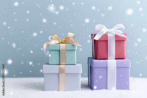 colorful christmas gifts in the snow on a blue background with copy space, snowing