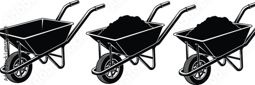 Vintage wheelbarrow vector illustration, garden and construction carts carrying materials, black and white line art equipment for farming, landscaping, and manual labor projects