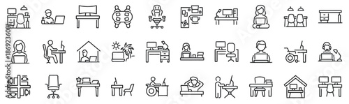 Set of People Working From Home in Line Style Vector Illustration Remote Work Lifestyle Freelance Job Online Meeting Telecommuting and Flexible Schedules