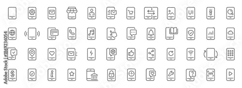 Set of Phone Interface Symbols for Mobile App and Web Design Simple Smartphones Pictogram with Different Business Icons Around Two Hundred Characters