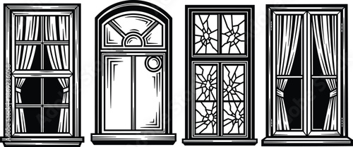 Vintage windows and door vector illustration set, black and white architectural frames, classic home facade elements, retro engraved style decorative design