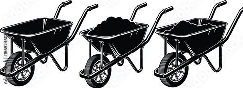Vintage wheelbarrow vector illustration, garden and construction carts with loaded materials, black and white line art tools for farming, landscaping, and manual labor projects