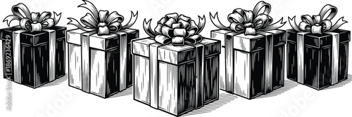 Vintage wrapped gift boxes with ribbon bows, classic engraved style illustration, elegant monochrome vector artwork for holiday, celebration, birthday, festive design