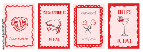 Valentine retro whimsical card set with playful hearts, cake, flowers and cocktails with fun love phrases. Cute postcards for romantic notes, anniversaries, weddings gifts. Vector illustration