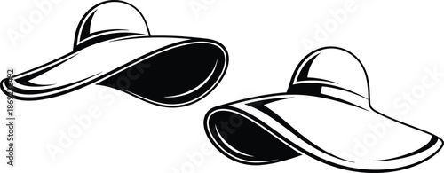 Wide brim hat vector illustration set, stylish summer sun hats with curved brim design, black and white fashion accessory silhouette artwork