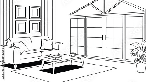 A modern living room with a white couch and large windows