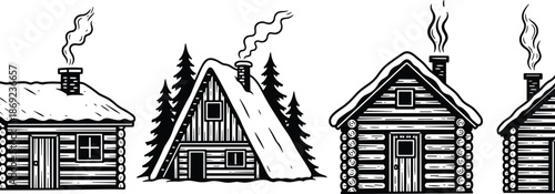 WebWinter log cabin vector illustration set, rustic wooden houses with smoke chimneys, hand drawn black and white forest cottages, vintage engraving style