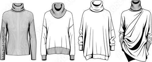 Women turtleneck sweater collection vector illustration, stylish winter knitwear tops, black and white fashion clothing design isolated set