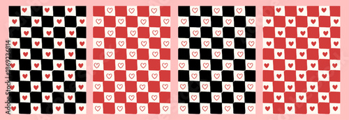 Gingham heart checkered backgrounds in retro whimsical style. Plaid pattern set with hand drawn hearts for Valentine cards, scrapbooking, and cute digital paper. Vector illustration.