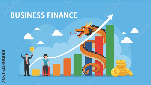 Business finance concept with a golden dragon, people, and a growing bar chart on a blue background.