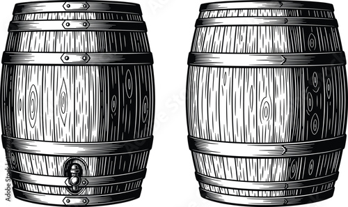Wooden barrel black and white vector illustration set, detailed vintage oak cask engraving style, rustic brewery and winery storage container artwork for packaging, branding, graphic design