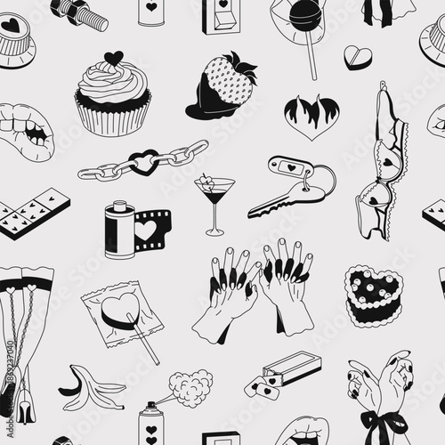 Hand drawn seamless pattern with romantic and sensuality elements. Minimal outline background for Valentines Day and Love. Concept of passion, desire, intimate moment for print, wrapping paper, fabric