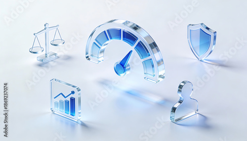 3d glass icons representing confidence score and system performance with glowing speedometer gauge scales of justice financial growth charts user profile and security shield
