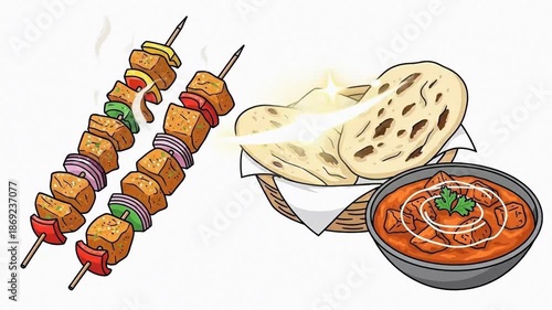 Assorted skewers with grilled meat alongside naan and curry arranged for a flavorful feast.
