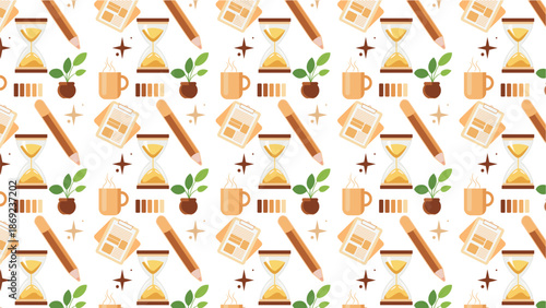 Productivity Workspace Seamless Pattern, Coffee Study Desk Elements Repeating Vector Background
