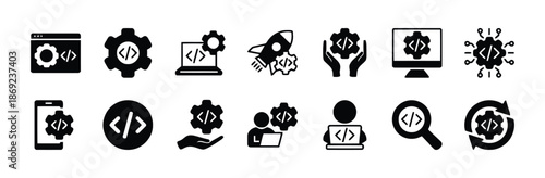 Set of programming development coding script vector line icons for digital code