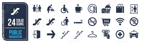 Set of Public Navigation Icons Solid Style Pictogram Symbols Collection Such as Toilet Escalator Cafe Disability Door Taxi Elevator and Other Public Signs Vector Illustration