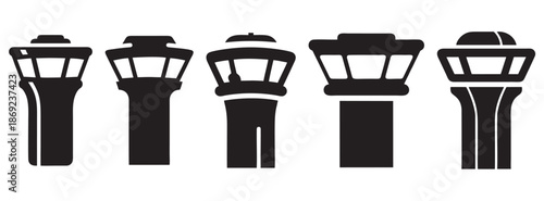 Airport Control Tower Icons Set, Air Traffic Control Building Black Vector Silhouette Illustration

