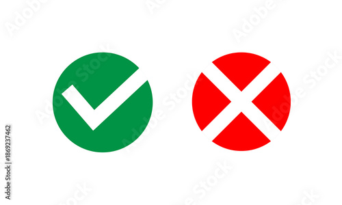 Green checkmark and red cross icon set isolated on white background. Simple checklist concept showing yes no choice, check mark symbols,  approval or rejection symbol and sign for decision making.